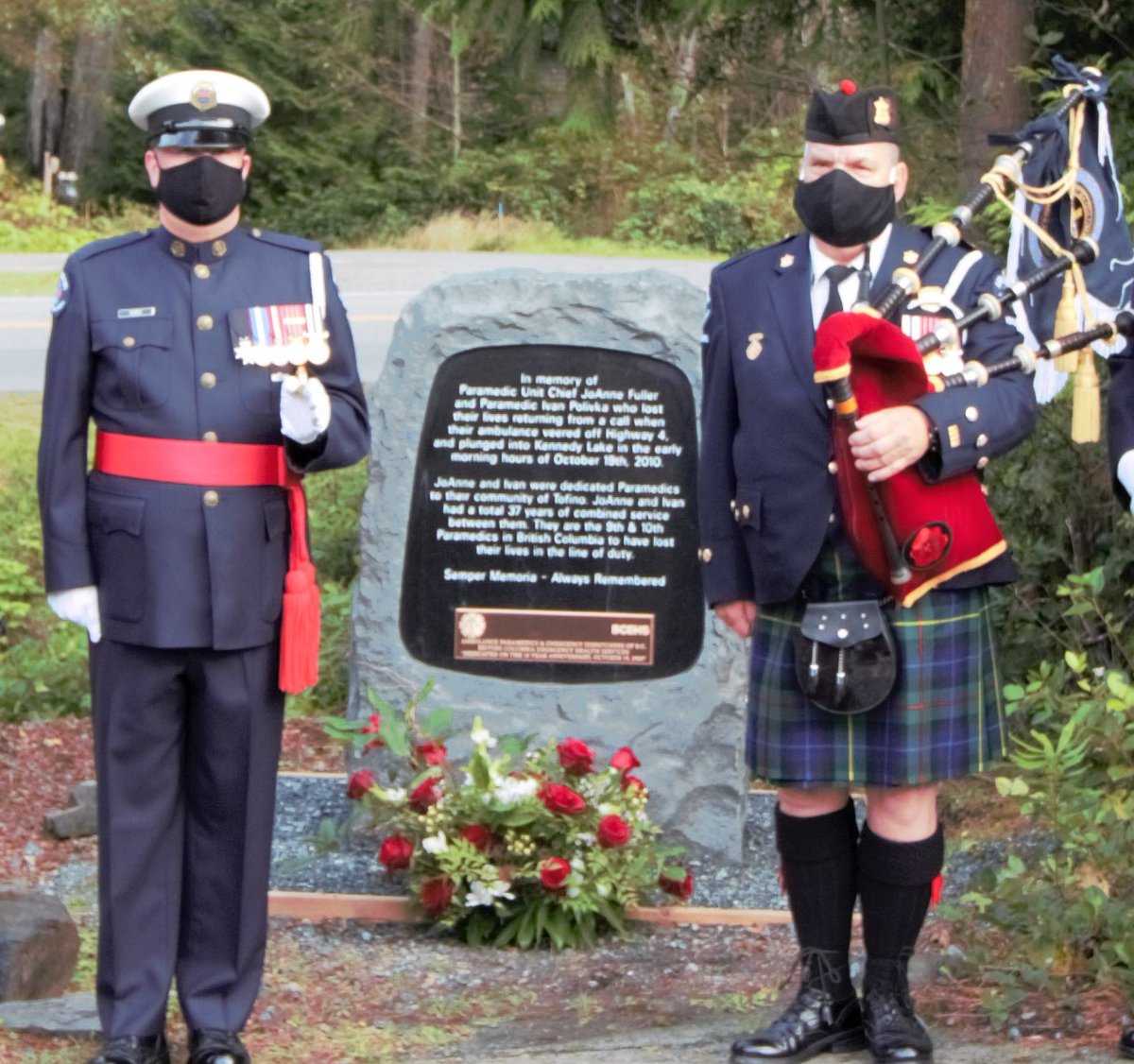 BC_EHS's tweet photo. Today we are remembering #paramedics Jo-Ann Fuller &amp; Ivan Polivka, who died in the line of duty when their ambulance veered off a narrow road and into Kennedy Lake 11 years ago. Pictured is a monument honouring them in Tofino w/ @APBC873.  #InMemoriam #LODD https://t.co/SfamIbOIYF