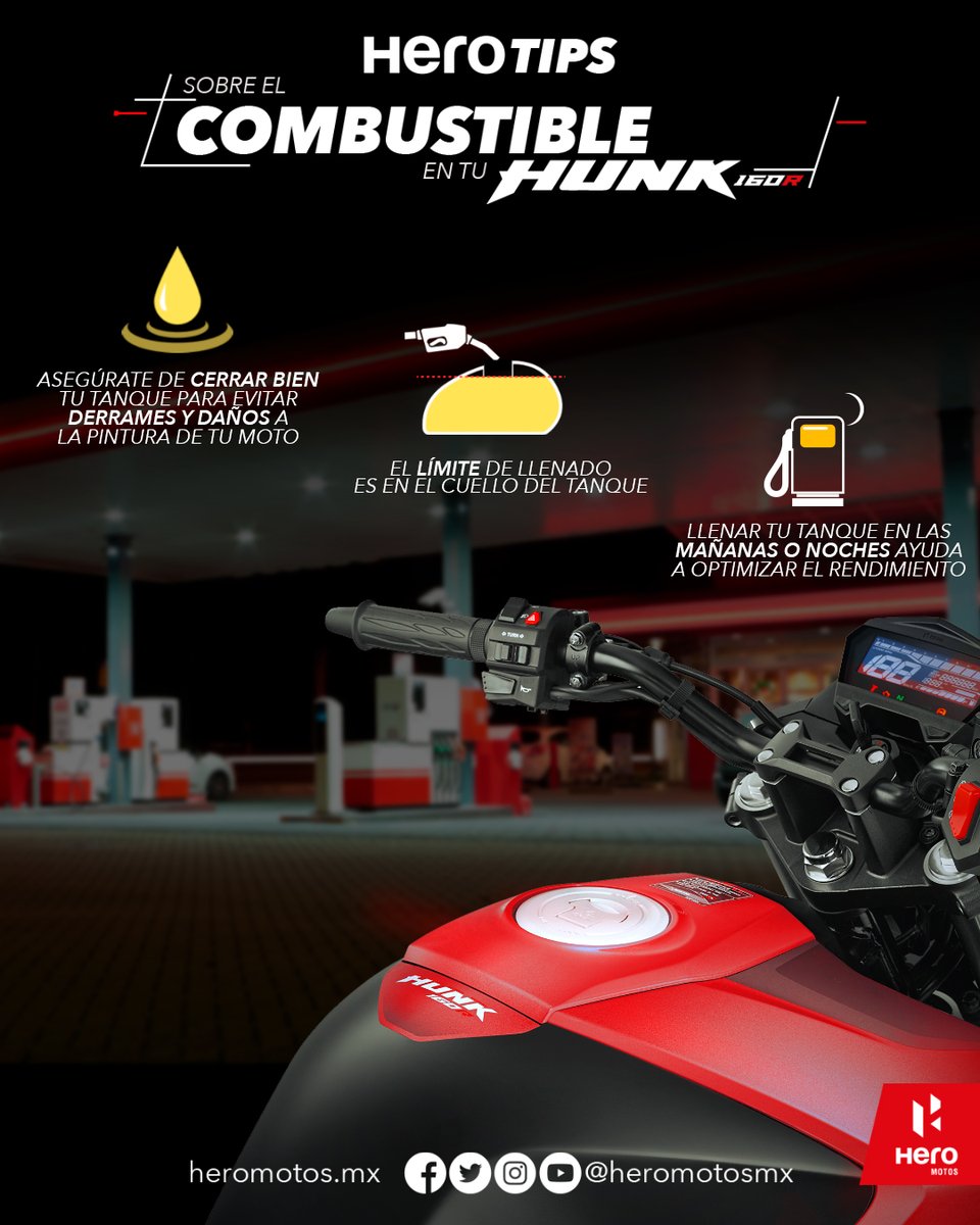 HeroMotosMx's tweet photo. Para que tu moto tenga un mejor rendimiento, siempre ten en cuenta el llenado correcto del tanque además de estos otros #HeroTips ⛽ #Hunk160R https://t.co/E91FpgmxJF