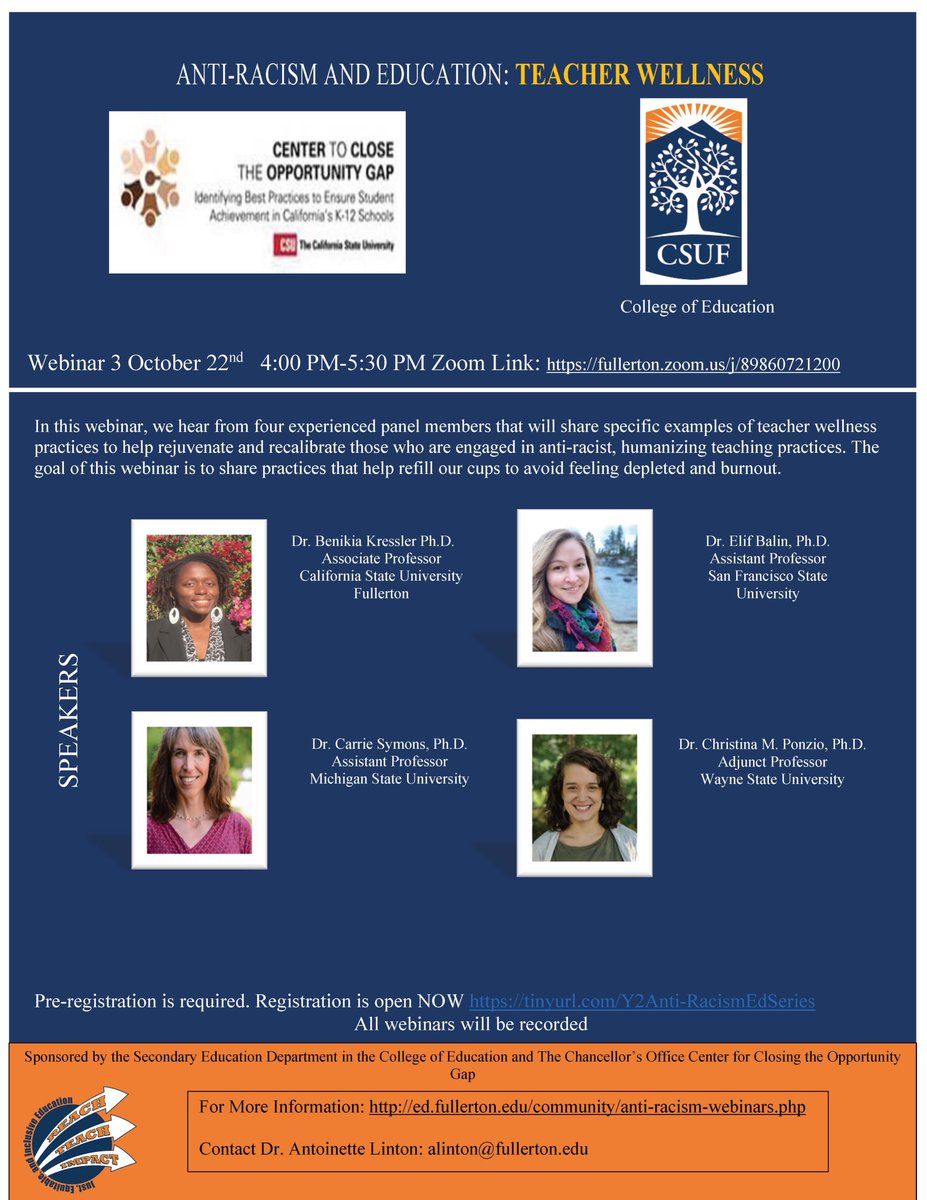 CalStateCCOG's tweet photo. Registration is open for the "Anti-Racism and Education: Teacher Wellness" Webinar on Oct. 22nd from 4:00 - 5:30pm hosted by @csufcoe and @CalStateCCOG Register at https://t.co/KYBkT8qS47
#csufcoe #calstateccog #csulb #calstate #csulbced #closetheoppgap #equityineducation https://t.co/3GXmhXhrZF