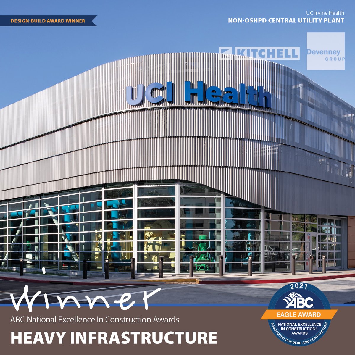 devenneygroup's tweet photo. Proud to add another award to the list for the 
@UCIrvine Non-OSHPD Central Plant - the Eagle Award for Heavy Infrastructure &amp; D/B Contractors at The 
@ABCNational 2020 Excellence in Construction Awards. Special thanks to @KitchellCos for teaming with us on this project. https://t.co/dsZLQ7XyKC
