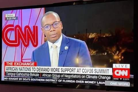AGNChairUNFCCC's tweet photo. In the run-up to #COP26, the AGN Chair Mr Tanguy Gahouma made a live appearance on @CNN International's global news programme, One World. During the live broadcast, the @AGNChairUNFCCC spoke about Africa's priorities and expectations in Glasgow. #DubaiExpo2021 @Gabonpavilion 🇬🇦🌍 https://t.co/S9TtiP58sD