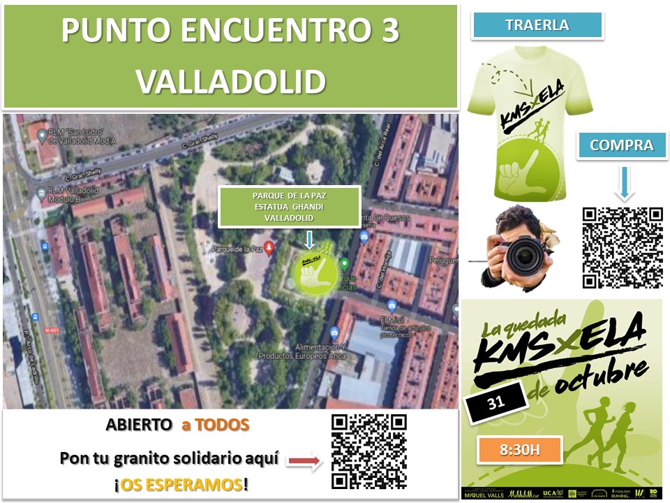 𝗤𝗨𝗘𝗗𝗔𝗗𝗔  <a href="/KMSXELA/">KMSxELA</a> VALLADOLID.
Domingo 31 de octubre. 8.30am. Parque de la Paz. Valladolid
APÚNTATE Y COLABORA!. Ah! Kms y recovery con <a href="/FPucelana/">Franquicia Pucelana</a>
- Trae tu🎽#KMSxELA o puedes comprarla🛍️⬇️
42krunning.com/tienda/Buscar?…
- Tu donativo💰voluntario #KMSxELA⬇️
migranodearena.org/reto/20997/cor…