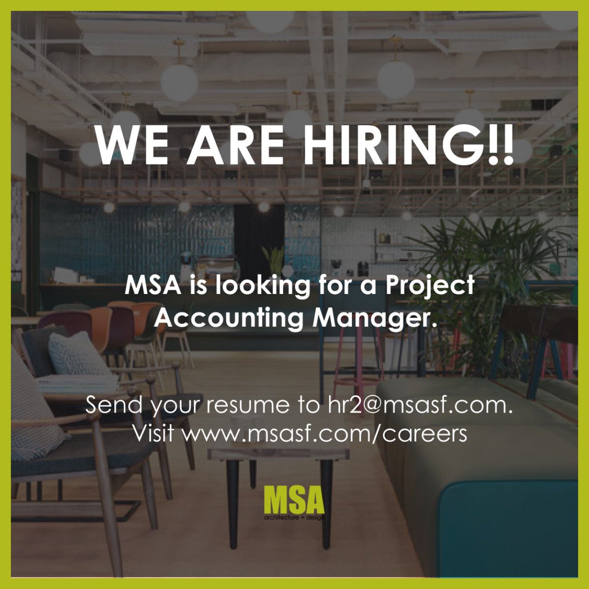MSA is hiring! Visit msasf.com/careers for more info and send your resume at hr2@msasf.com ✌️

#hiring #projectaccountingmanager #architecture #design