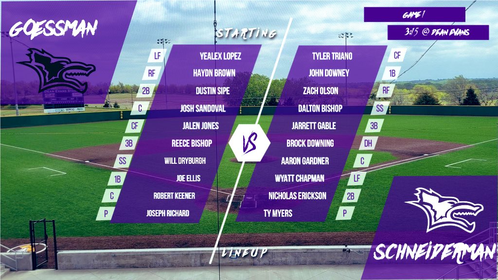 KWUBaseball's tweet photo. Lineups for Game 1! Ty Myers will be on the mound for Team Schiederman while Team Goessman will counter with Joesph Richard. #RollYotes https://t.co/8Tlmpmfbur