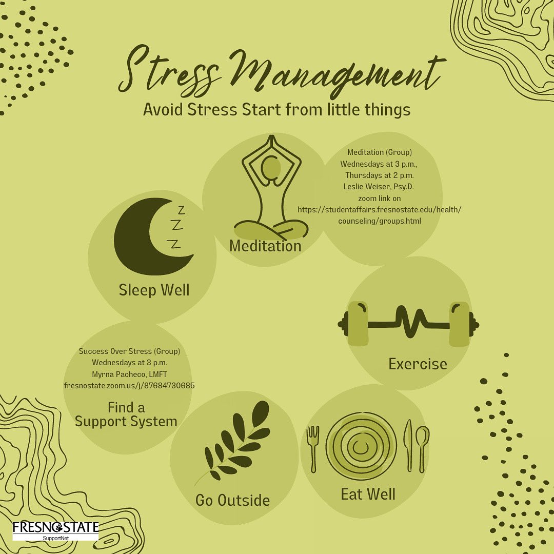 Here are a few tips that will help you manage your stress. For more insight on the topic, join our live webinar at 1pm today. It’s going to be a good one! Find the zoom link on our website calendar: studentaffairs.fresnostate.edu/lrc/workshops/… 😌🧠