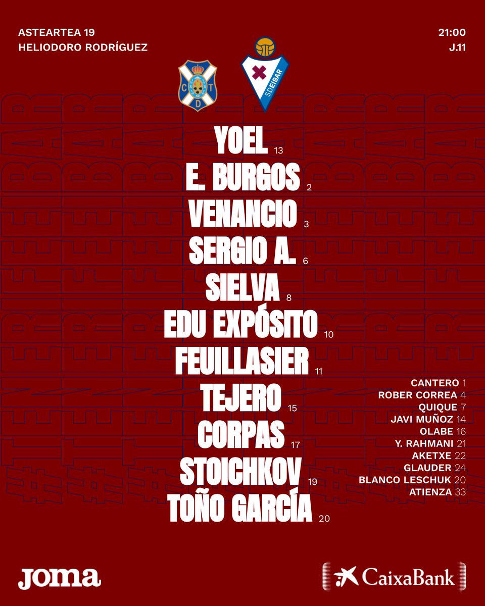 SDEibar's tweet photo. 📝 HAMAIKAKOA ⚔️ ALINEACIÓN 🆚 @CDTOficial 

#TenerifeEibar | #BetiArmaginak https://t.co/bKhDu8zMEI