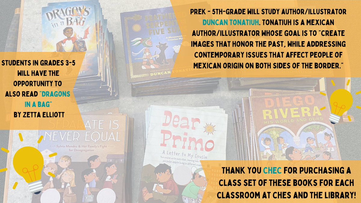DareLibrarians's tweet photo. Three cheers to @jennaugustson for receiving the @CHEMC09 @NCBrightIdeas grant! CHES is participating in #GRA21 and this grant secured classroom sets of the picture book author study on Duncan Tonatiuh & grades 3-5 also received the #GRADRAGONS chapter book. #CheckOutDARE https://t.co/toVExu0yiD