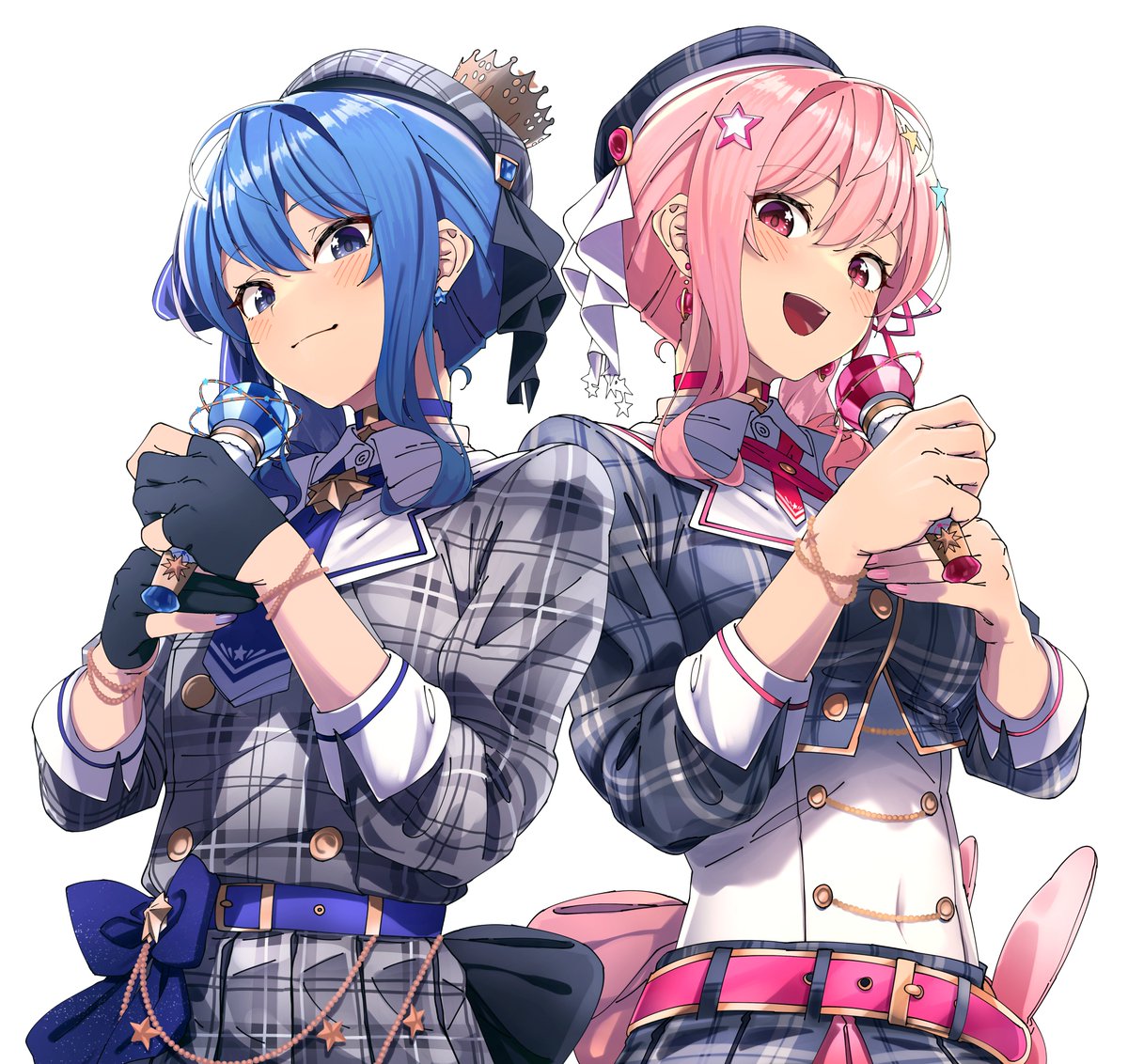 hoshimachi suisei blue belt microphone 2girls blue hair hat multiple girls beret  illustration images
