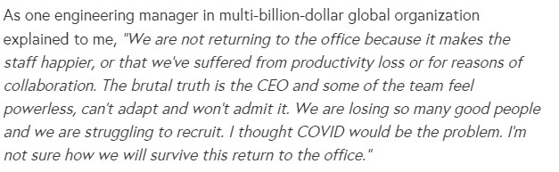 swardley's tweet photo. "I'm not sure how we will survive this return to the office" - one of my favourites quotes from my research on industrialisation - https://t.co/EmRTnYF91l https://t.co/AqBnE0d8ZP