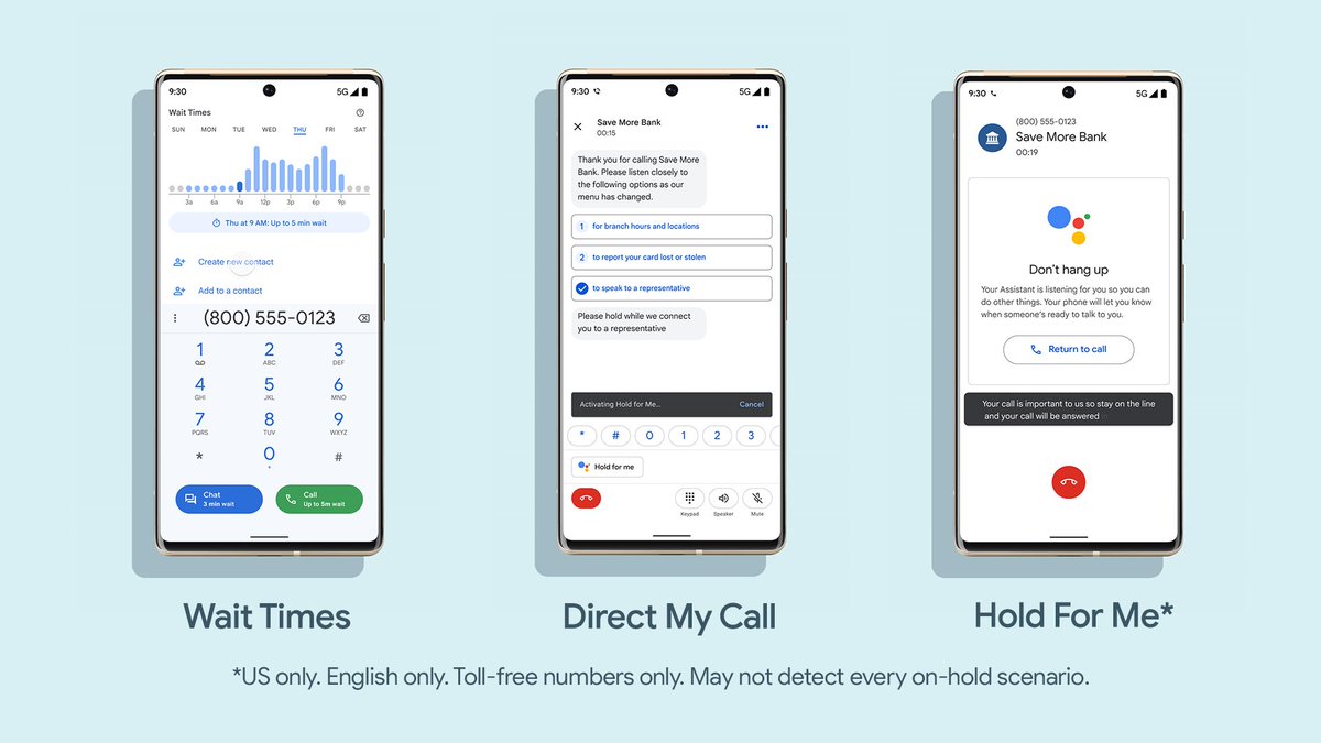 madebygoogle's tweet photo. We’ve made the phone part of a smartphone smarter.

#Pixel6 has helpful calling features like Wait Times, Direct My Call and Hold for Me* to make phone calls a little more helpful. 

#Pixel6Launch https://t.co/SXvgnTzMQ0
