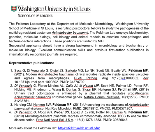 Mario Feldman (@mariofeldman9) on Twitter photo After a super productive post-doc in my lab <a href="/lenghung8825/">Nguyen-Hung Le</a> will soon return to France. So I need to hire a new post-doc who will have big shoes to fill! (no pressure). Here is the ad. If you are interested in investigating Acinetobacter pathogenesis please apply!
Please RT. After a super productive post-doc in my lab <a href="/lenghung8825/">Nguyen-Hung Le</a> will soon return to France. So I need to hire a new post-doc who will have big shoes to fill! (no pressure). Here is the ad. If you are interested in investigating Acinetobacter pathogenesis please apply!
Please RT.