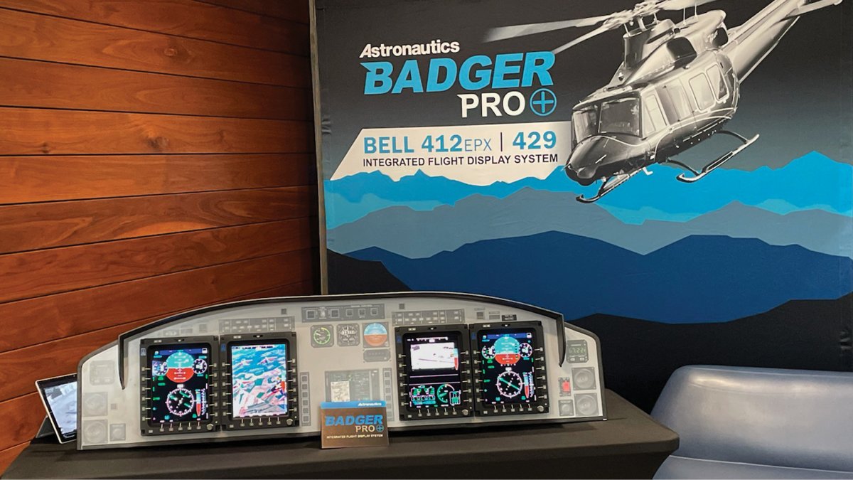 AstronauticsMKE's tweet photo. Pleased to support @BellFlight DC Demo Days with our Badger Pro+ integrated flight display system for Bell #412EPX & #Bell429 helicopters. Badger Pro+ powers Bell's BasiX-Pro™ system with integrated flight information, flexible & capable 4K video, & proven reliability. #avionics https://t.co/mAvQTpW7rN