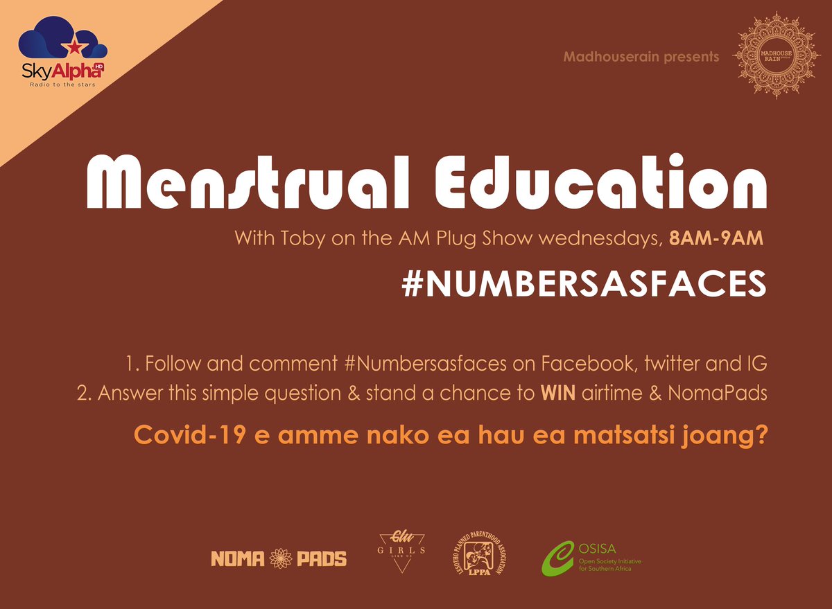 SkyAlpha_HD's tweet photo. We back again!
WEDNESDAY Menstrual Education with #Toby on The AM Plug presented by @NthabisengTeReo from Madhouse Rain and @mskivababy from @GirlsLikeUs supported by @OSISA
@08:00am
https://t.co/N2IxblFRCC
#NumbersAsFaces #shamefreeperiods #TheRainbowCampaign #Nomapads https://t.co/GiBvN7JBKR