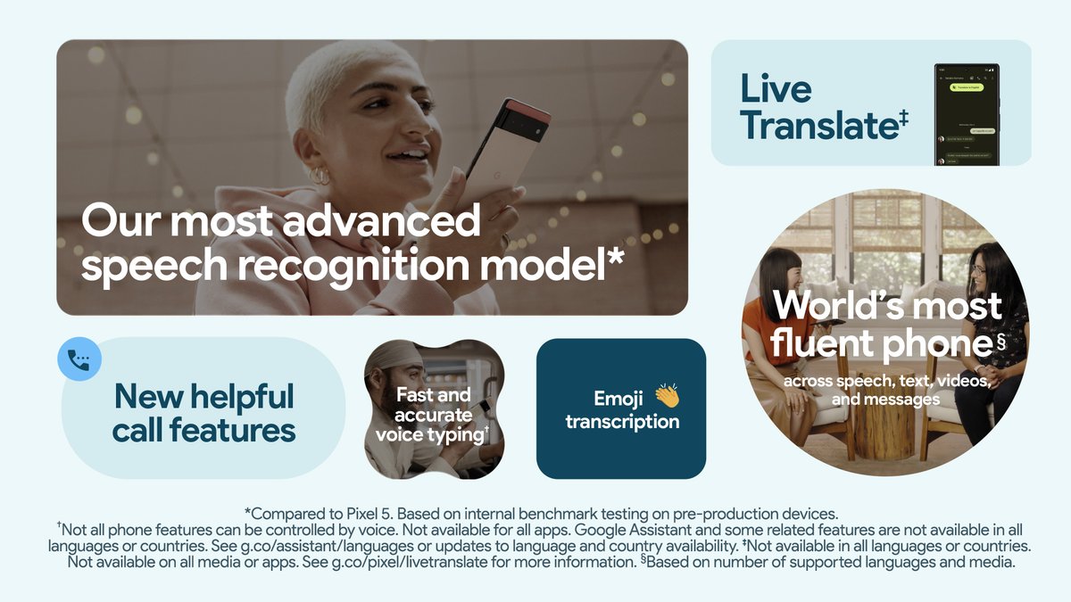 madebygoogle's tweet photo. Easy chat translations with #LiveTranslate 🗺 and our most advanced speech recognition model 🧠 are some ways #Pixel6 is even more helpful. 

Which 📞 feature will you be trying out first? 

#Pixel6Launch https://t.co/er0P0pOxmQ