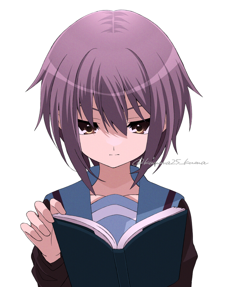 nagato yuki 1girl solo kita high school uniform school uniform book winter uniform short hair  illustration images