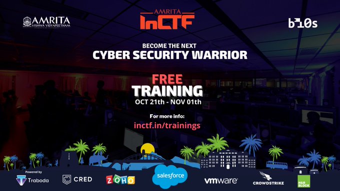 It's time to start sharpening your skills!

Join InCTF from📅October 21st - November 1st for the #training round.

More details can be found here: inctf.in/trainings

#InCTF #CTF #infosec #learn #CyberSecurity #FREE