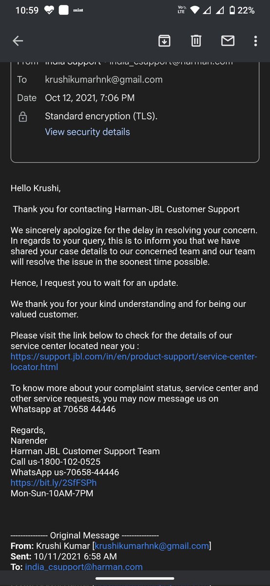 KrushikumarT's tweet photo. Very worst response from @JBLaudio , i raised my issue on 16th September 2021, till then my issue not resolved. Every time saying the same store, " pls wait for 48hrs", its been one month. 
Hope this platform would help me to resolve issue. @JBLaudio https://t.co/4WhjgPilCG