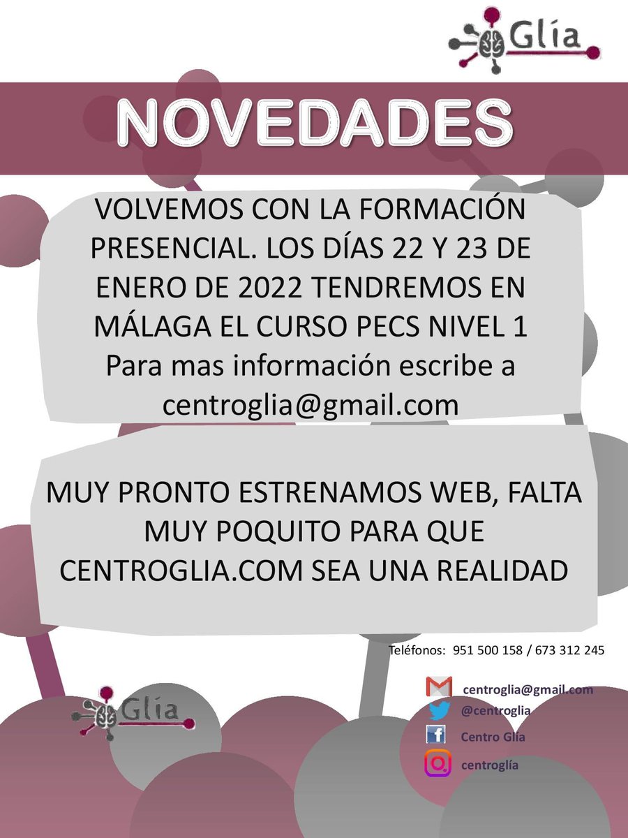 centroglia's tweet photo. Hoy traemos dos novedades muy importantes. Retomamos nuestra actividad formativa. Los días 22 y 23 de enero de 2022 tendremos en Málaga el curso PECS nivel 1. También estamos a punto de estrenar nuestra web https://t.co/Nse8gQQPsV, en ella encontrarás todo sobre nosotros. https://t.co/y63pTSXkJR
