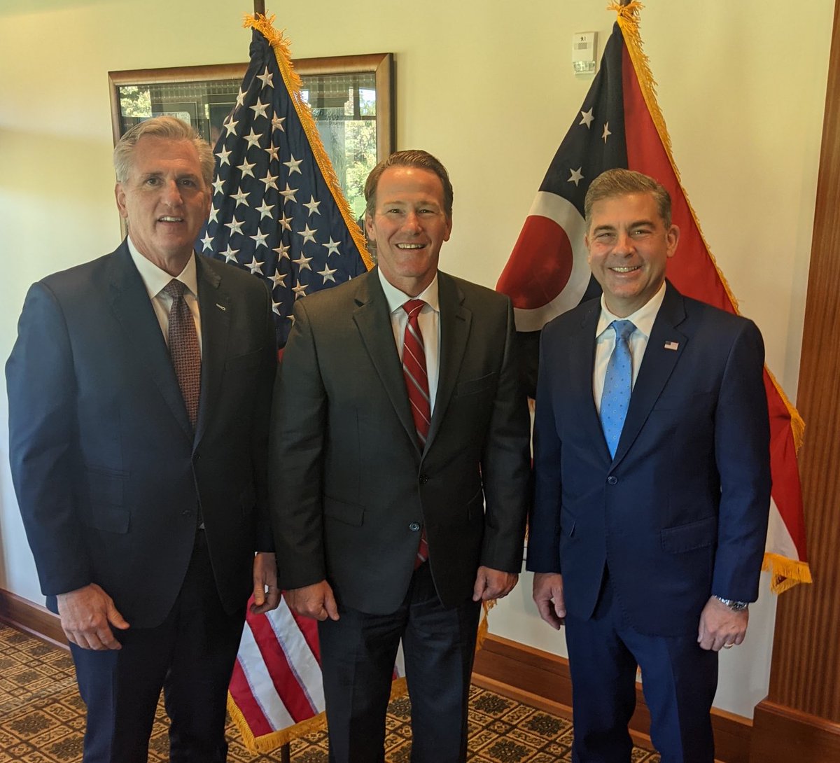 JonHusted's tweet photo. Earlier today I had a great discussion with @GOPLeader Kevin McCarthy and @MikeCareyOH15. If Mike wins his special election big it could be a sign that there will be a new U.S. House speaker in Washington soon. https://t.co/VjjFxOOrzy