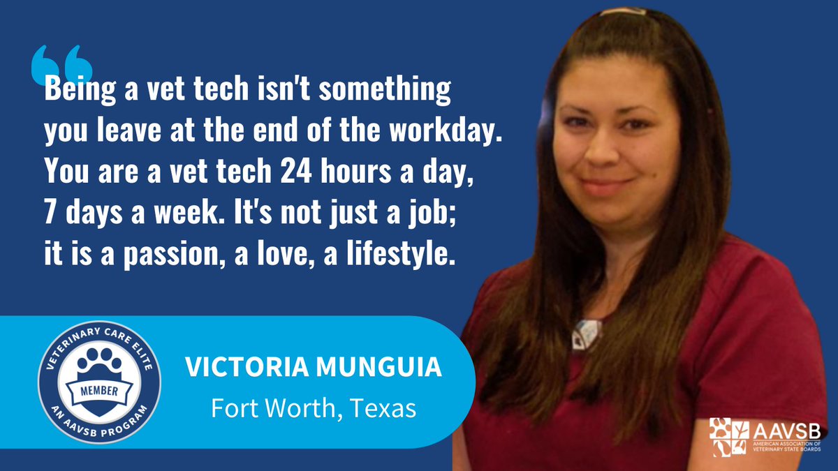 AAVSB's tweet photo. In celebration of National Veterinary Technician Week #NVTW2021, we'll be spotlighting #vettechs who are making a difference every day! Meet Tori, a credentialed vet tech from Texas. With 12 yrs in the industry so far, she's a new Veterinary Care Elite member at the Elite level. https://t.co/pHs1M4KQbh