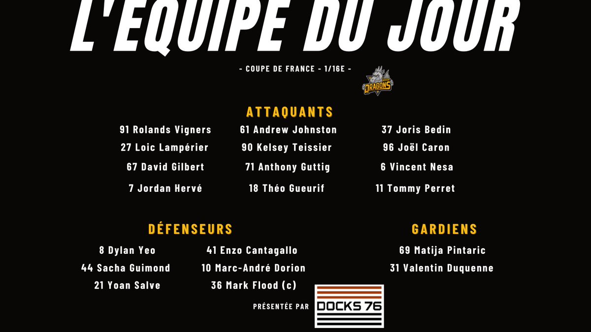 DragonsdeRouen's tweet photo. ⚡COUP D'ENVOI⚡ #NEUROU
La Coupe de France démarre ce soir pour les Dragons sur la glace des @Hockey_Bisons . Les lignes présentées par les Docks 76🟡⚫️👇
#cdfhockey #godragons 👊 https://t.co/nvf9RgFzLB