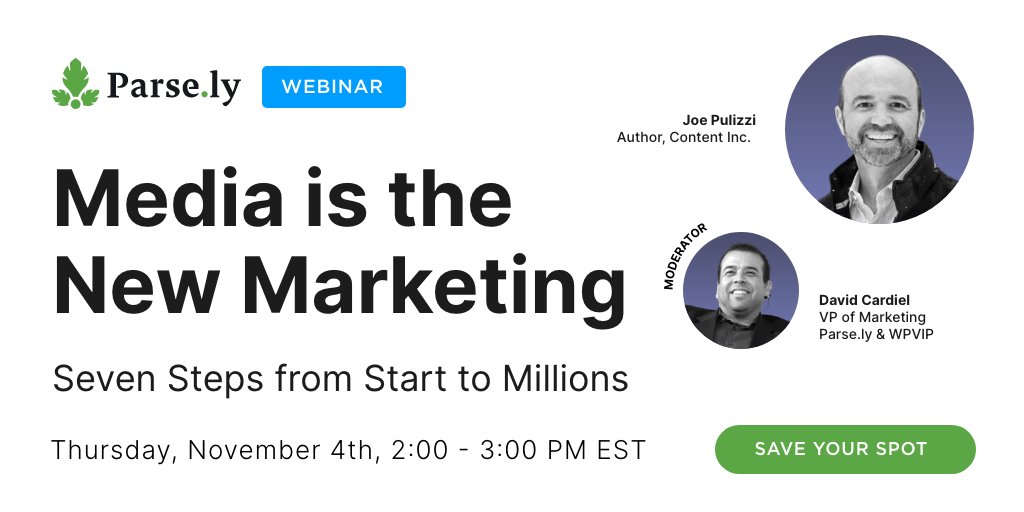 [WEBINAR ALERT] Media is the new marketing and content is more important than ever 👉 Join us 11/4-2PM ET with <a href="/JoePulizzi/">Joe Pulizzi</a>, founder of @TheTiltNews to discuss what these trends mean for building a successful digital strategy in today's landscape okt.to/eqHByu