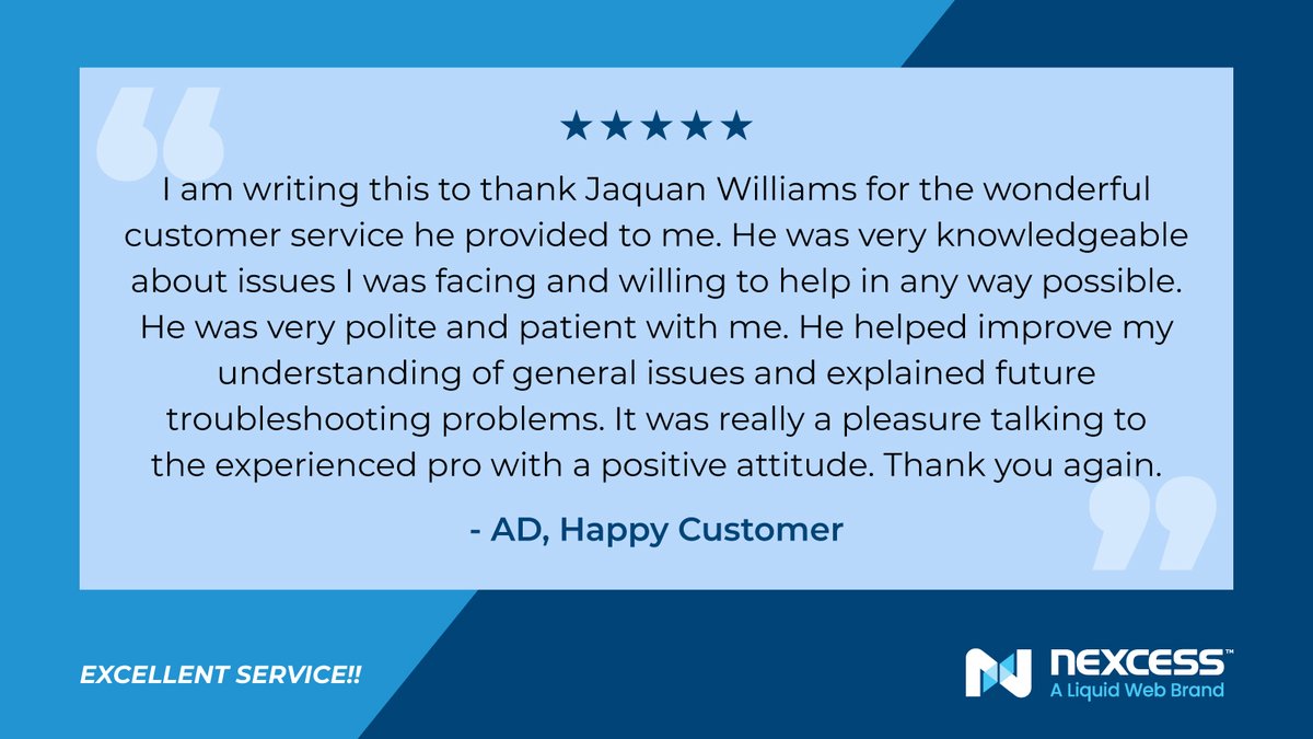 nexcess's tweet image. Let&apos;s give it up for our team member Jaquan Williams! 👏 👏 👏  Thank you for always giving our customers the best service. 💙 #TestimonialTuesday #SupportSpotlight