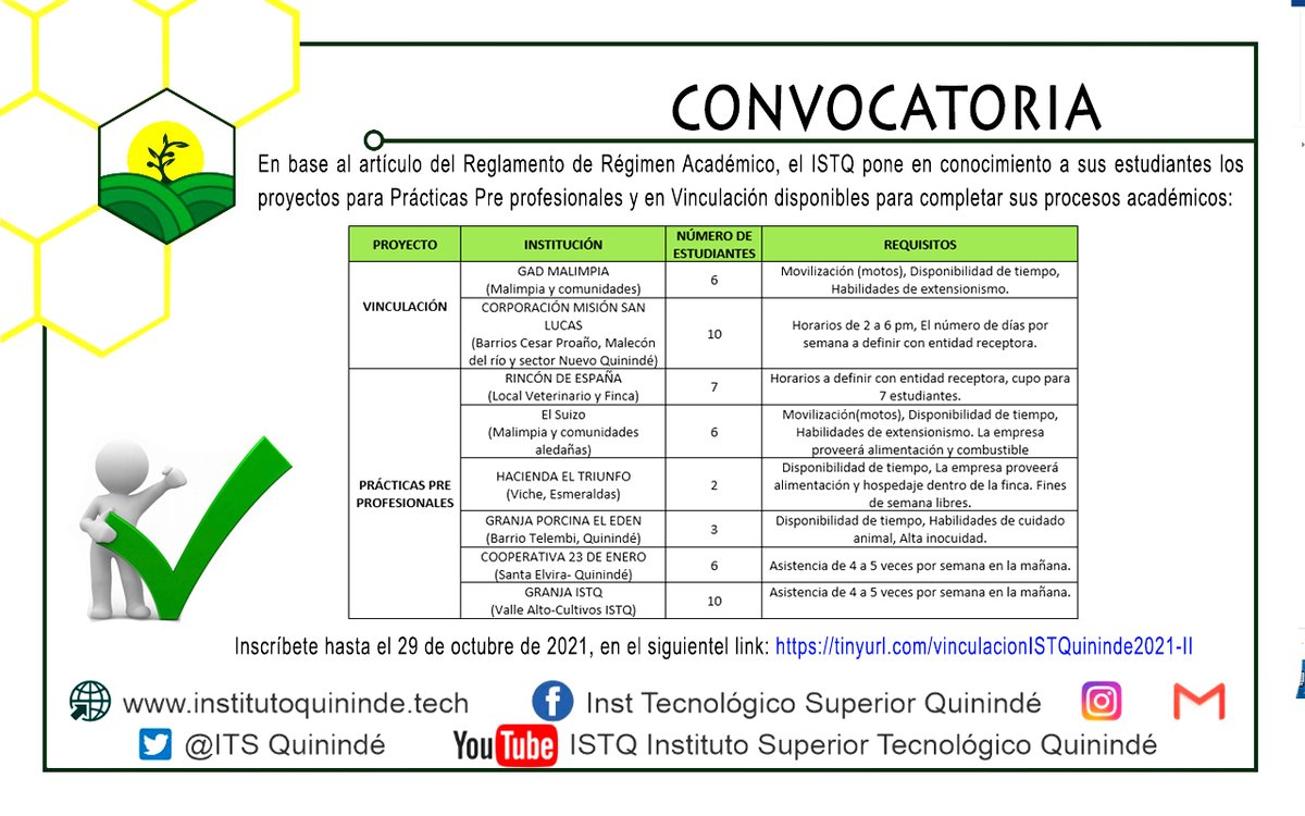 ITSQuininde's tweet photo. ⚠️ATENCIÓN ESTUDIANTES✅
El ISTQ pone en conocimiento los Proyectos para Prácticas Pre profesionales y Vinculación disponibles para completar sus procesos académicos como Requisito de Grado
Inscríbete: https://t.co/pFq7V41oHL
Se receptarán las inscripciones hasta el 29 de octubre https://t.co/ahzIoZUOwC