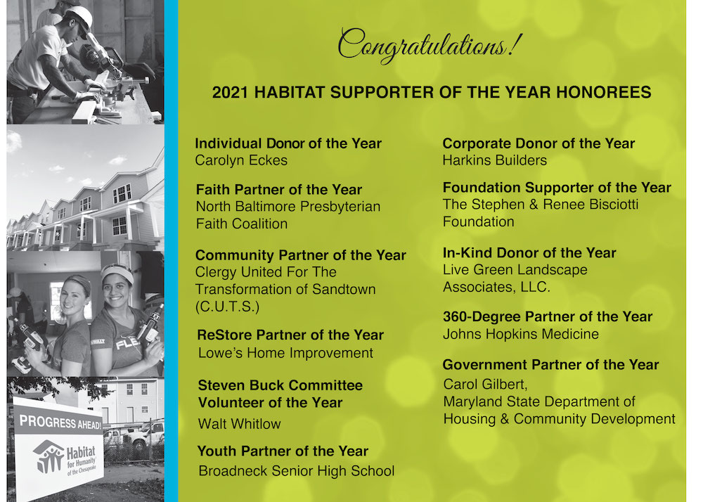HabitatChes's tweet photo. Thank you to the honorees of the 2021 Cornerstone Society's Coming Home donor appreciation event: Carolyn Eckes, North Baltimore Presbyterian Faith Coalition, @CutsSandtownCDC, @Lowes, Walt Whitlow, @HarkinsBuilders, &amp; others! (See more below) https://t.co/n8FDDTPm4p