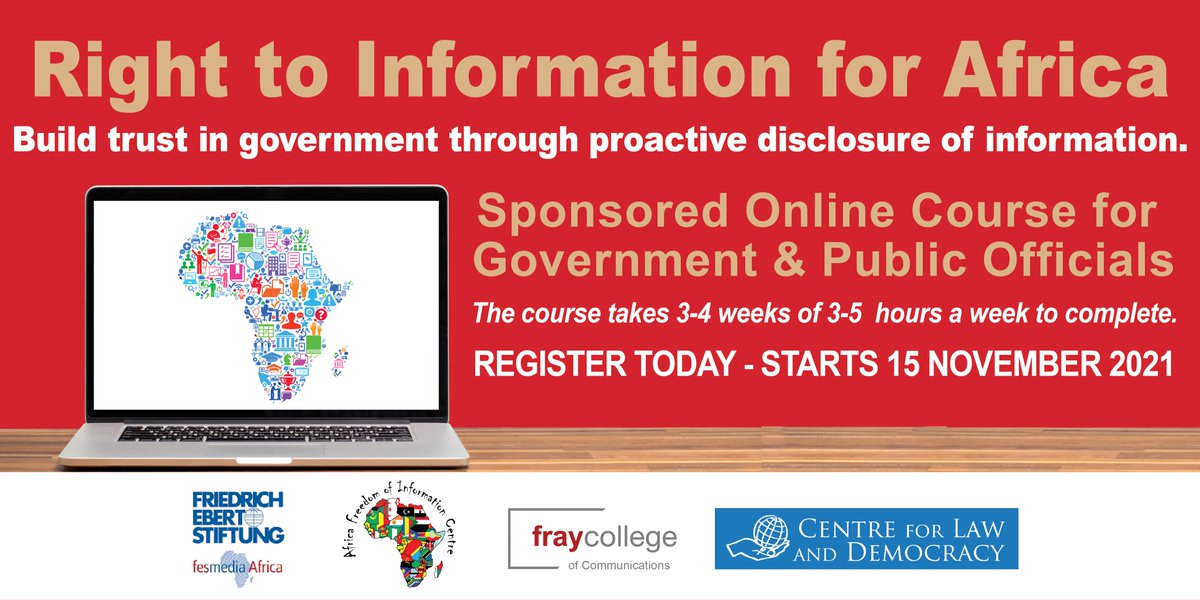 fraycollege's tweet photo. If you are a #government or #PublicOfficial learn how to navigate legislation &amp; promote #InformationAccess. 
@fesmediaAfrica @africafoicentre @cenreforlawanddemocracy

Enroll on this sponsored online course: https://t.co/NbKrhCnzq9 #RTIforAll https://t.co/v6QV4E8mre