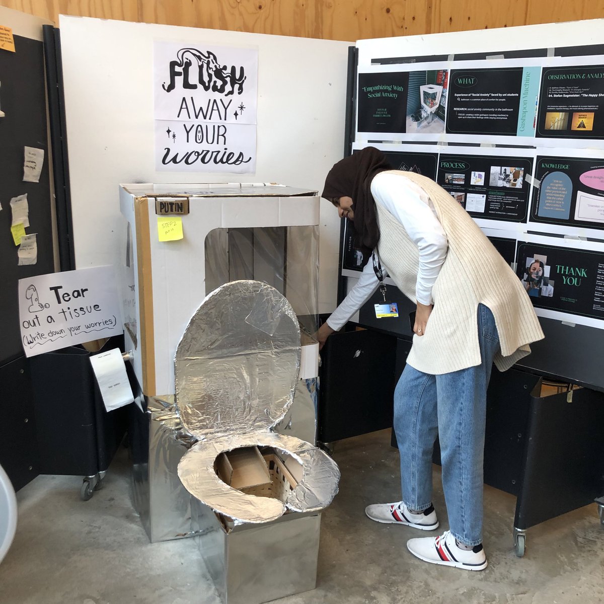 ThinkingType's tweet image. Everything that is so brilliant about being back making in the studios with Stage 1 @csmgraphics summed up in this photo from today of a giant silverfoiled cardboard toilet in action #flushawayyourworries #designforjoy 😂❤️