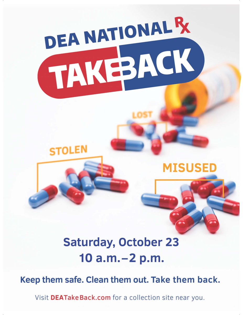 HealthyNH's tweet photo. Unused or expired prescription medications are a public safety issue, leading to accidental poisoning, #overdose & #RxAbuse. Keep them safe. Clean them out. Take them back. Find a site near you for #DrugTakeBack day, October 23rd 10am - 12pm. #ZeroLeft
https://t.co/oIGqnJ1M3x https://t.co/IYFDXLdFUL
