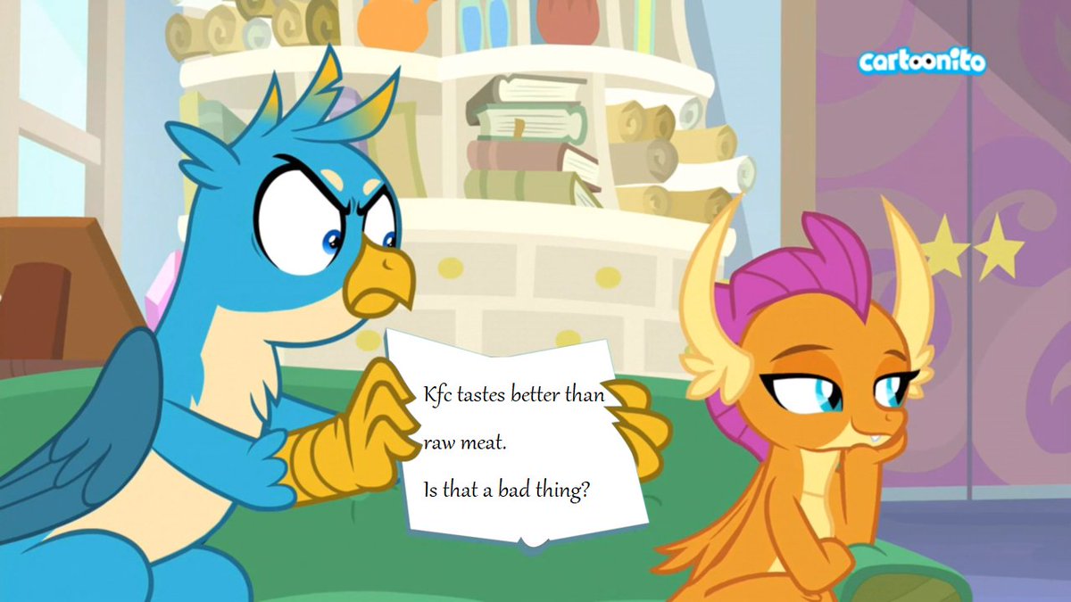 LoshadSpaceport's tweet photo. That’s another reason why the other griffons used to call him “chicken”: eating cooked meat seems "wimpy" instead of hunting like a man.
But at least he doesn't fall sick.
#gallus #mlpgallus @Nevaylin #smolder #bawkbawkbawk #mlp #mylittlepony #chicken #birb https://t.co/Q4OVs4KD1U