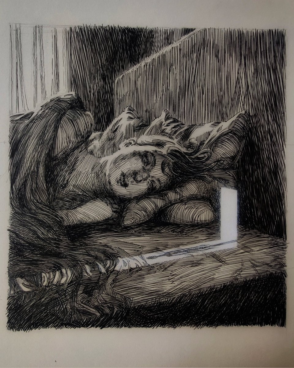 The man in the small door. Ink, White goache and chalk on toned paper.
