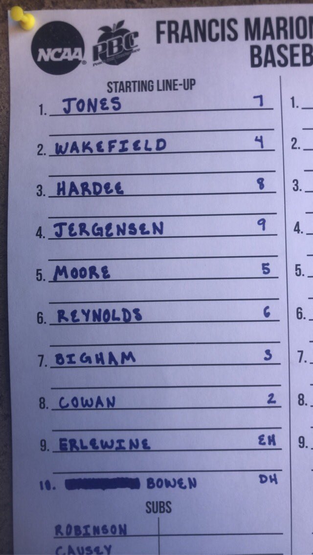 fmupatsbaseball's tweet photo. Line ups are in for game 3. The Patriots lead the best of 5 series 2-0.
First pitch 3:05 https://t.co/9p4NV1uTMg