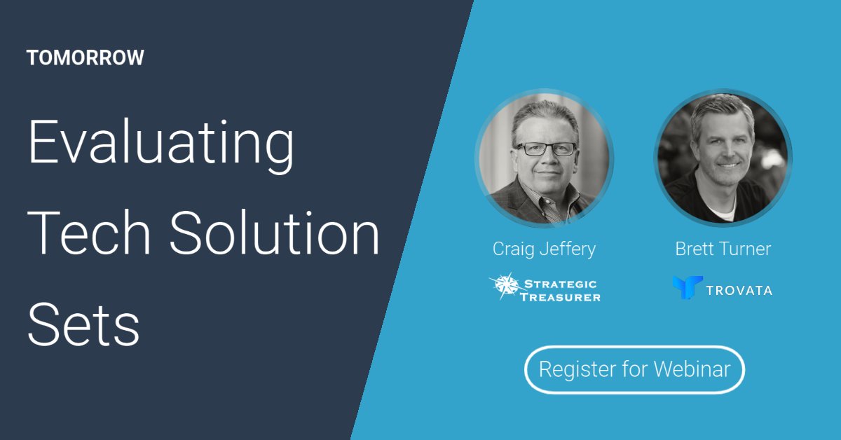 StratTreasurer's tweet photo. Join us tomorrow at 2 PM EDT for part four "Evaluating Tech Solution Sets" of our Digital Transformation Strategy Webinar Series with @Trovata_io. This webinar will guide you in selection of tech solutions on the market.
Register here: https://t.co/rNlRVR7u48
#GoStrategic #Tech https://t.co/LvVU7RN8NG