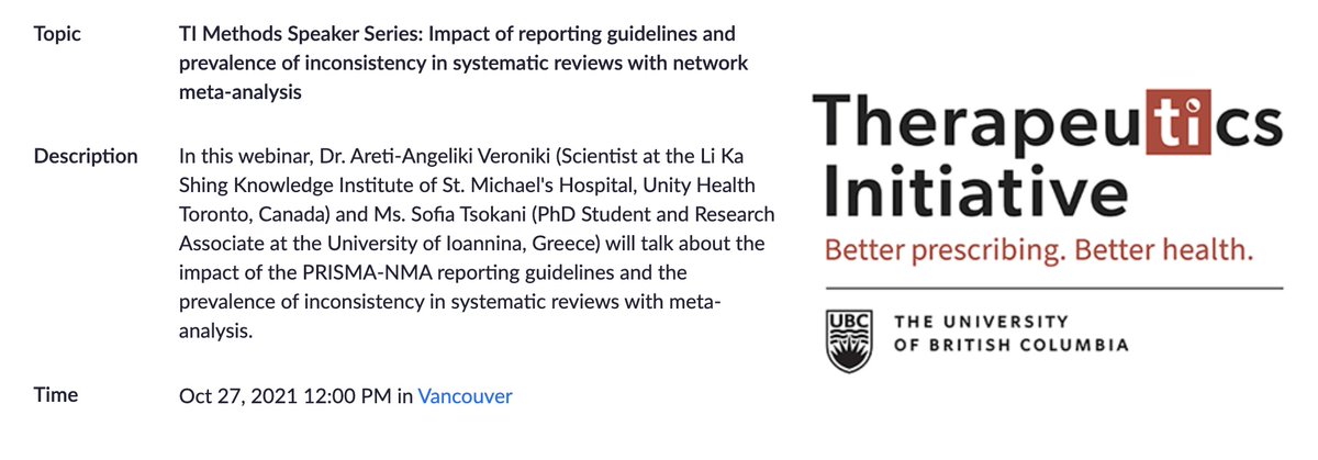 Oct 27 TI Methods Speaker Series webinar:

Impact of reporting guidelines &amp; prevalence of inconsistency in #SystematicReviews with network #metaanalysis

✅Speakers: Areti-Angeliki Veroniki + Sofia Tsokani 
✅Register+info: bit.ly/3p3zRDA

#ResearchMethods #MetaResearch
