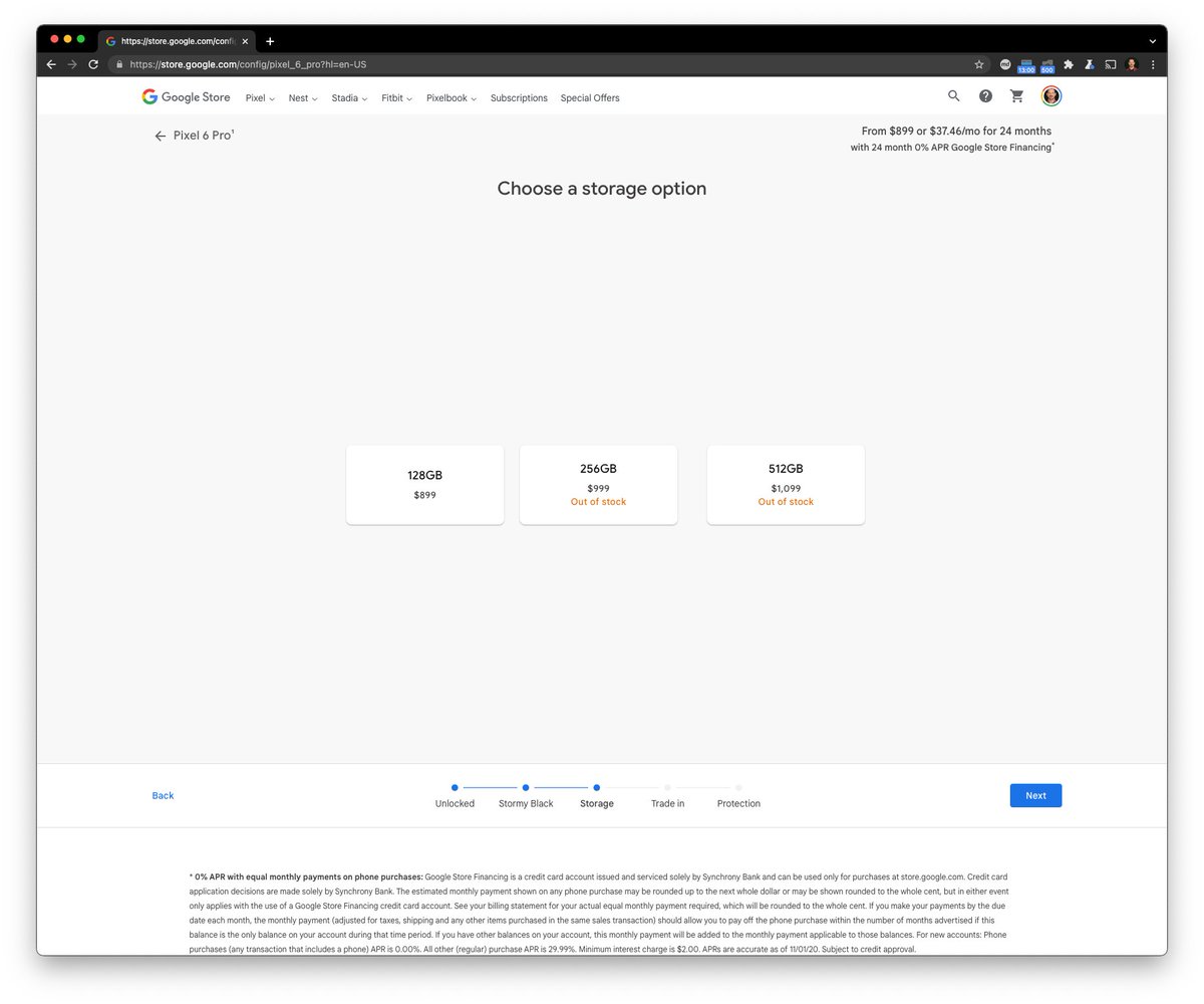 LogicalArthur's tweet photo. @madebygoogle Aaannnnndddddd now the 512 GB variant of the Stormy Black #Sixel Pro is "Out of Stock". Damn, @madebygoogle, you sure didn't make this a good #UX / #CX for those passionate #PixelSuperFans who started trying to go through the flow at 10:00 PDT on the dot. #Pixel6 #Pixel6Launch https://t.co/KfWZG8Hyyt