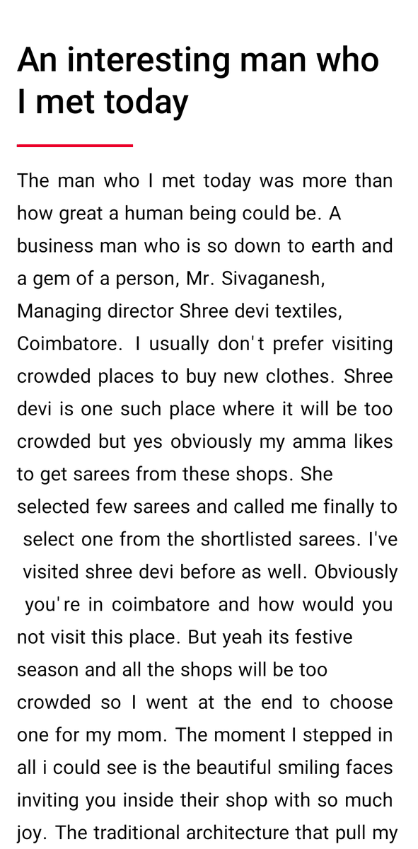 ram_2404's tweet photo. This is about "An interesting person in Coimbatore" who we actually not speak a lot about. I couldn't stop writing this down after seeing such a humble person like him. Mr.Sivaganesh,MD Shree devi textiles. Do give it a read. 
#Coimbatore #ShreeDeviTextiles #MrSivaganesh #people https://t.co/GCmpthcDPi