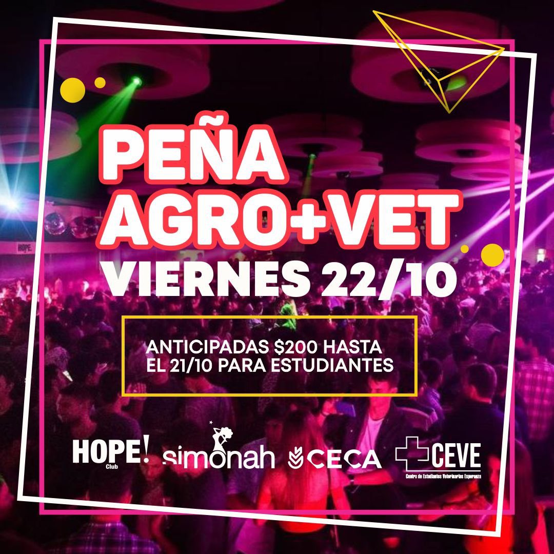 SIMONAHDISCO's tweet photo. Viernes #hopeclub #simonah 
Gran Peña Agro+Ver  
Capacidad limitada! 
Ingreso Simonah Disco 
Apertura 22hs 
@SIMONAHDISCO #esperanza https://t.co/k1ZefqqB6V