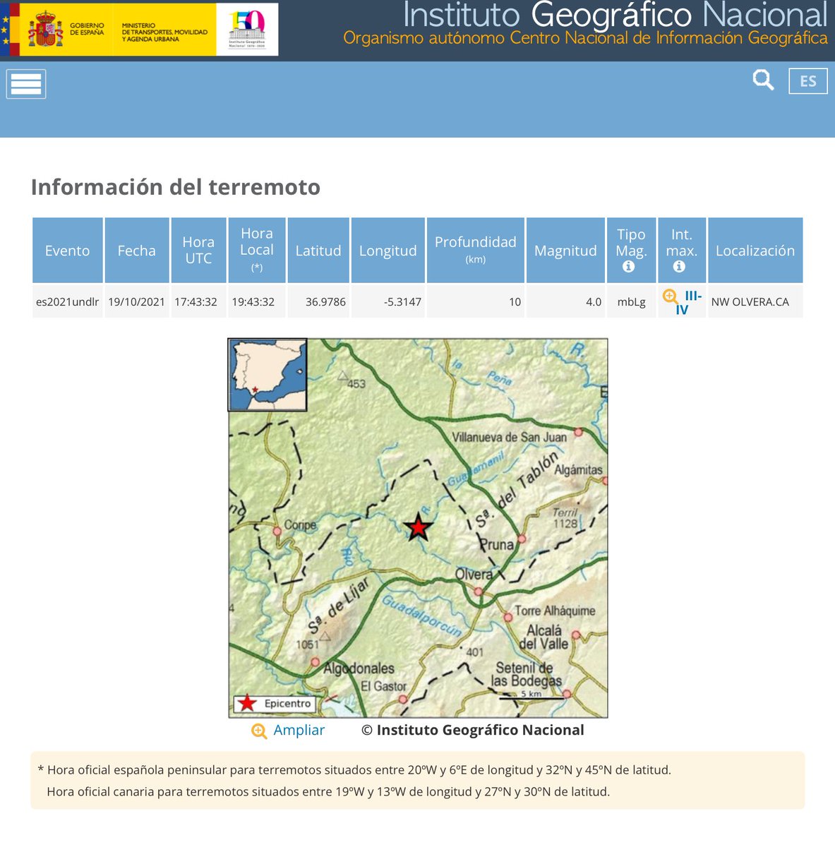 Terremoto de magnitud 4.0 ocurrido en la localidad vecina de Olvera y que ha sido sentido en Algodonales de forma leve a las 19:43h +info: ign.es/web/ign/portal…