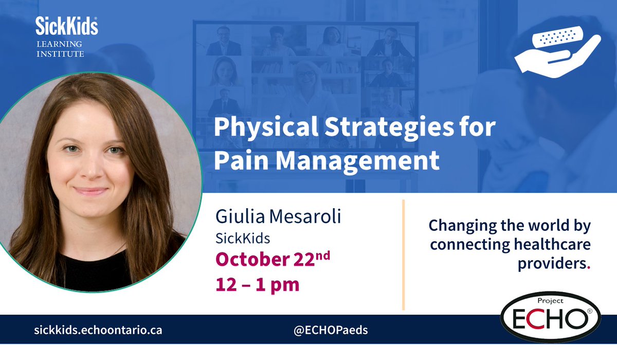 #HCPs are invited to join the #Pain Management #ECHO community this week for a talk by Giulia Mesaroli (<a href="/SickKidsNews/">The Hospital for Sick Children (SickKids)</a>) on "Physical Strategies for Pain Management" with an integrated patient case discussion.
 
October 22nd  |  12 - 1 pm ET 
Register here: echo.zoom.us/meeting/regist…