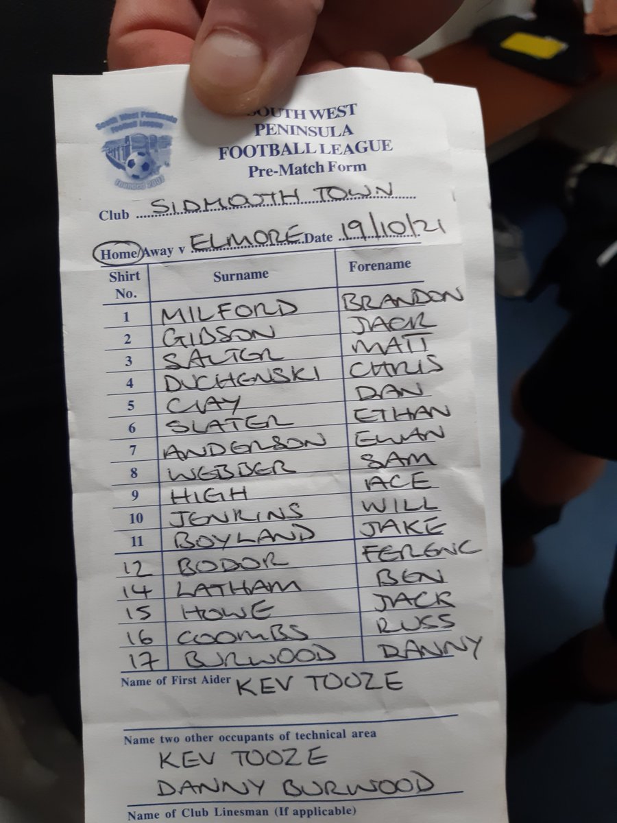 The team sheets for the SWPL East match between <a href="/SidmouthTownAFC/">Sidmouth Town AFC</a>  and <a href="/ElmoreFC/">Elmore FC</a>