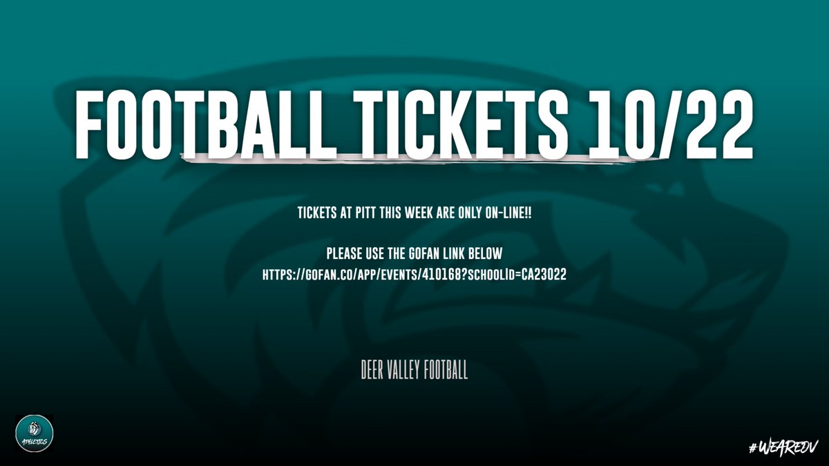 DVHS Athletics (@athleticsdvhs) on Twitter photo Ticket for football @ Pitt this week are on <a href="/GoFanHS/">GoFan</a> Open pic for link.
<a href="/DV_Wolverine_FB/">Deer Valley Wolverine Football</a> <a href="/DeerValleyTV/">DVTV</a> <a href="/dv_wolverines/">DVHS Wolverines !</a> Ticket for football @ Pitt this week are on <a href="/GoFanHS/">GoFan</a> Open pic for link.
<a href="/DV_Wolverine_FB/">Deer Valley Wolverine Football</a> <a href="/DeerValleyTV/">DVTV</a> <a href="/dv_wolverines/">DVHS Wolverines !</a>