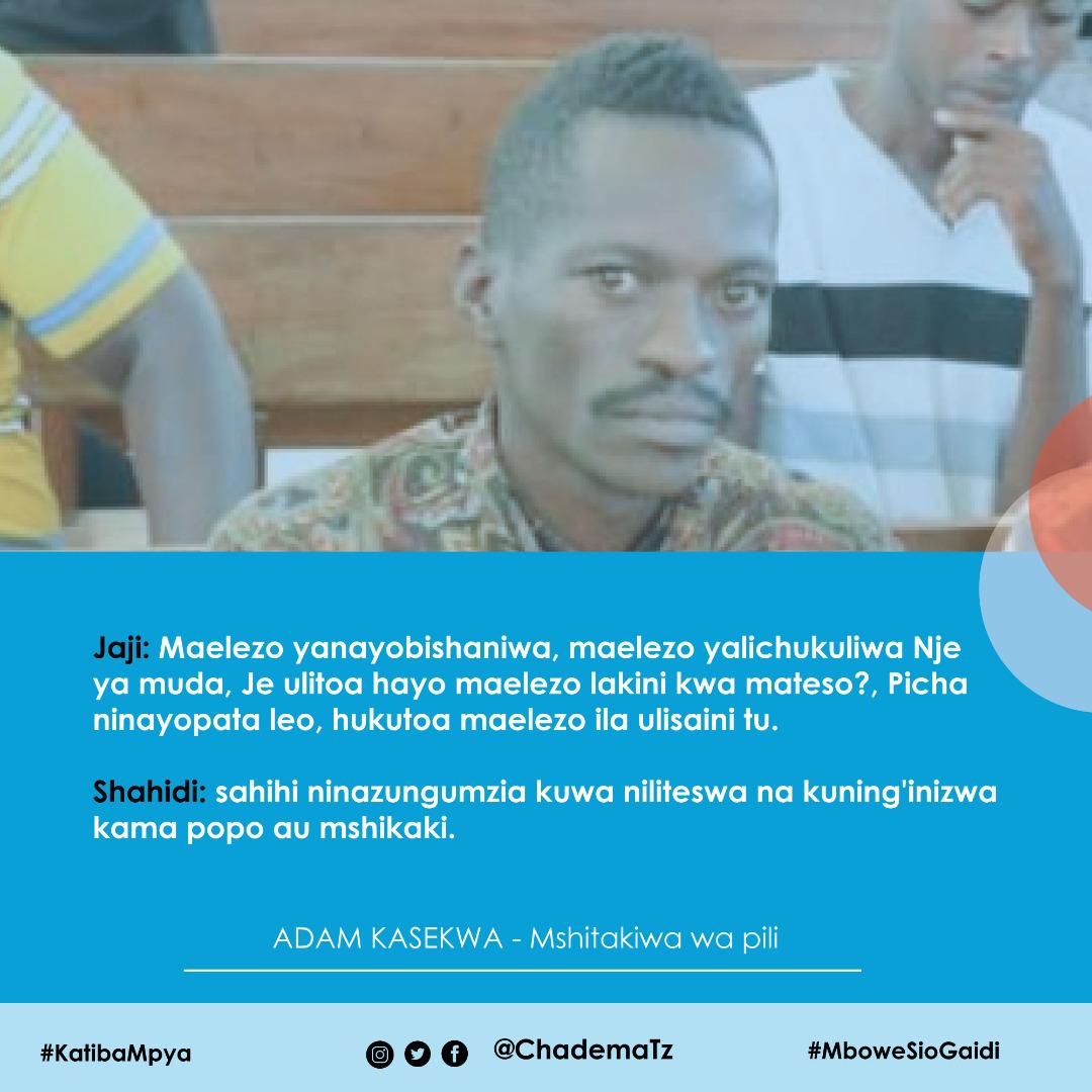 Apollo_Boniface's tweet photo. Jaji: Maelezo yanayobishaniwa, maelezo yalichukuliwa Nje ya muda, Je ulitoa hayo maelezo lakini kwa mateso?, Picha ninayopata leo, hukutoa maelezo ila ulisaini tu.

Shahidi: Sahihi, ninazungumzia kuwa niliteswa na kuning'inizwa kama popo au mshikaki. https://t.co/Am7GKOA5jc