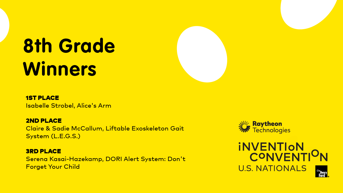 inventitforward's tweet photo. Congratulations to the 8th Grade winners from 2021 @RaytheonTech Invention Convention U.S. Nationals!
First Place: Isabelle Strobel, Ohio @InventionLeague
Second Place: Claire & Sadie McCallum, @FueltheSpark
Third Place: Serena Kasai-Hazekamp, Gulf Coast Invention Convention https://t.co/XxjFTZBt5d