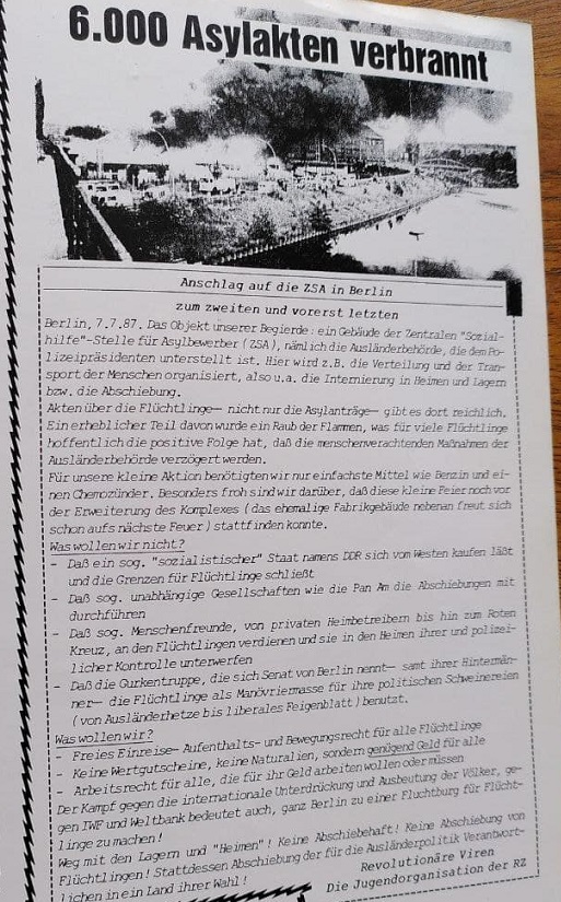 RadicalPast's tweet image. Im Juli 1987 verübten die "Revolutionären Viren" (Jugendorga der RZ) einen Brandanschlag auf die Ausländerbehörde in Berlin. Dabei wurden fast alle Akten vernichtet.