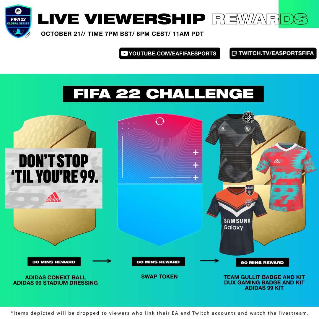 Brillante popurrí Pizza EA FIFA esports on Twitter: "⚽️ Adidas exclusive digital ball 👕 3⃣  exclusive FIFA esports kits 🛡️ the first FGS Player Token of the season  Watch the #FIFA22 Challenge live 🔴 to