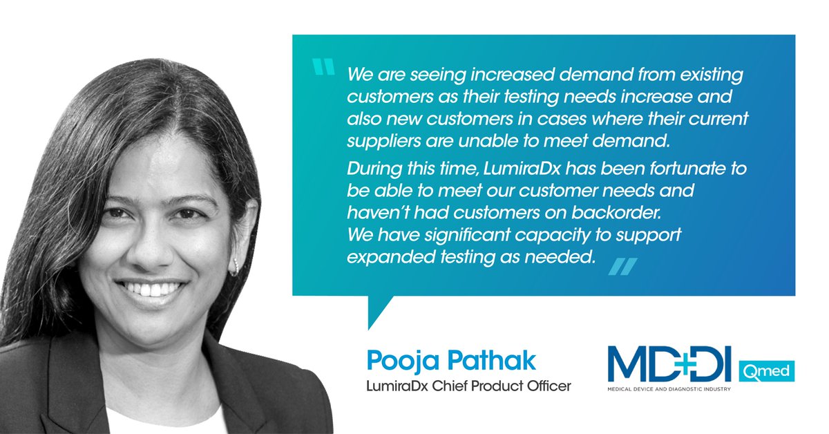 LumiraDx's tweet photo. LumiraDx Chief Product Officer, Pooja Pathak was recently interviewed by @MDDIonline on the increased demand across the US for #COVID19 testing and how LumiraDx is responding.

#LMDX #POCT #Diagnostics https://t.co/1r9VhjM9dy