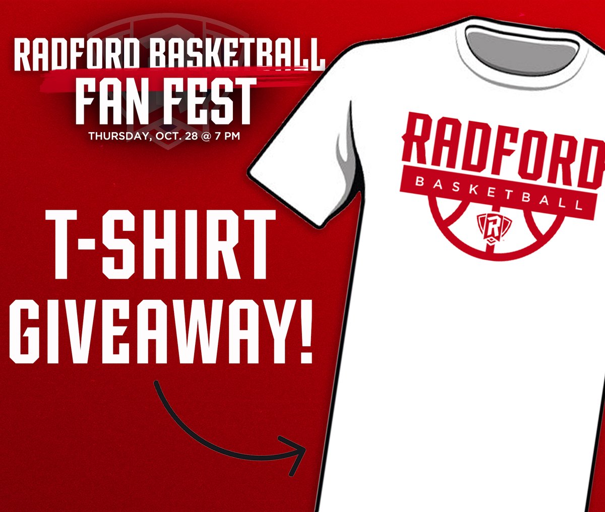 Trust us, you're going to want to mark your calendars 🗓 and arrange your ride 🚗 to the Dedmon Center...

...because fans who attend Radford Basketball Fan Fest on Thursday, October 28th at 7pm will receive a FREE t-shirt while supplies last!

#RiseAndDefend🛡